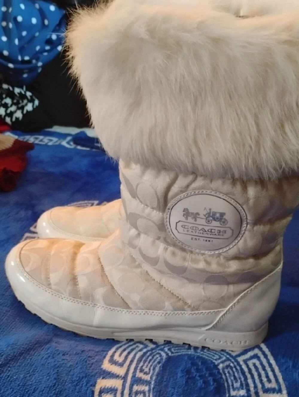Coach Cream Quilted Winter Boots with Faux Fur Cuff